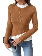 Sarah Express Women's Decor Button Contrast Hem Knit Top