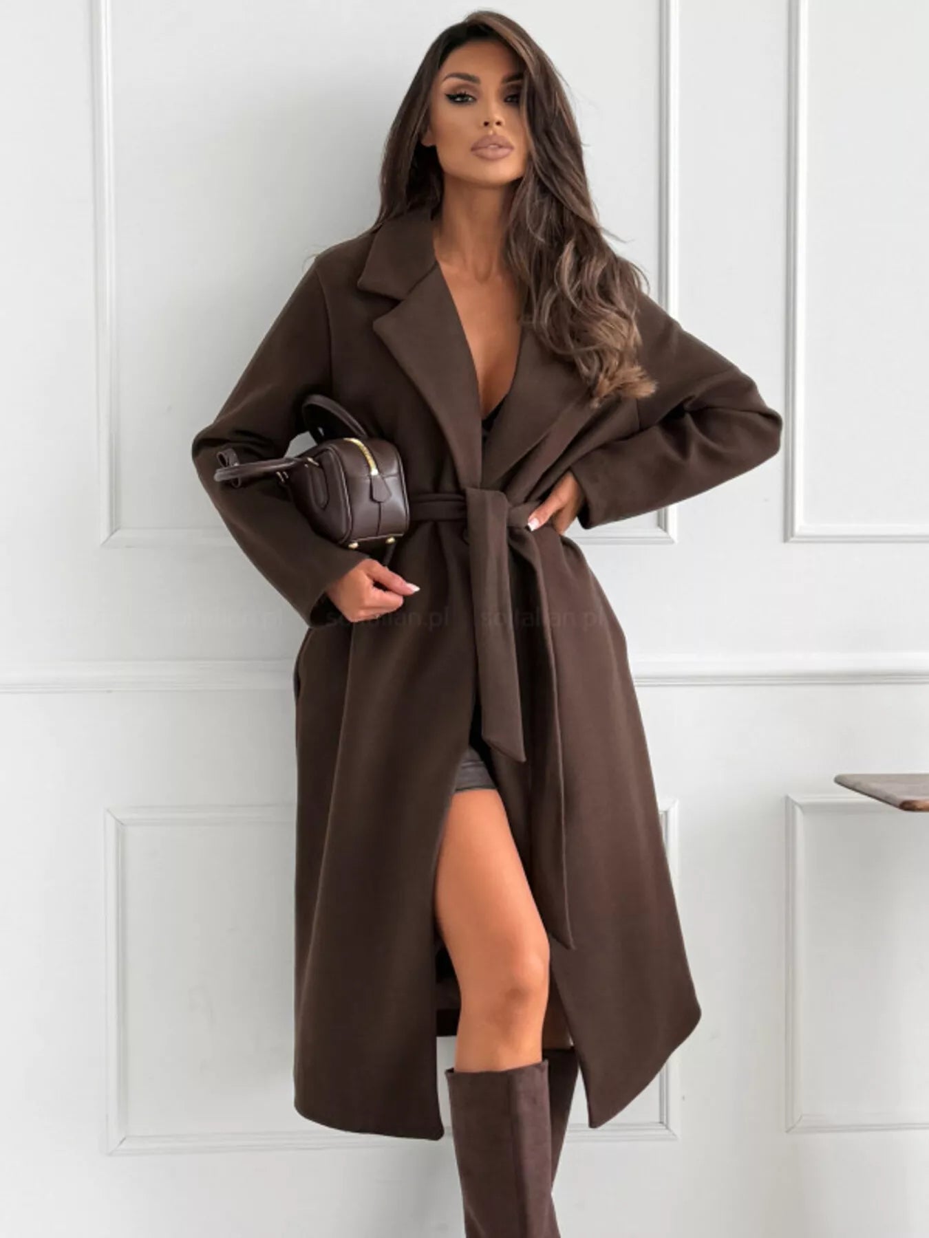 Sarah Express Women's Tie Waist Longline Coat Brown