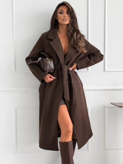 Sarah Express Women's Tie Waist Longline Coat Brown