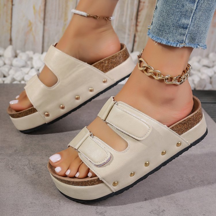 Sarah Express Womens Beach Shoes With Thick Soles Rivets Velcro Straps And Round Toes