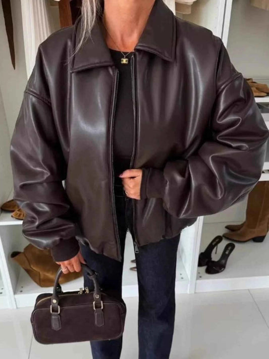 Sarah Express Women's Zip Up Dropped Shoulder Jacket - Pocketed Lightweight Outerwear Brown