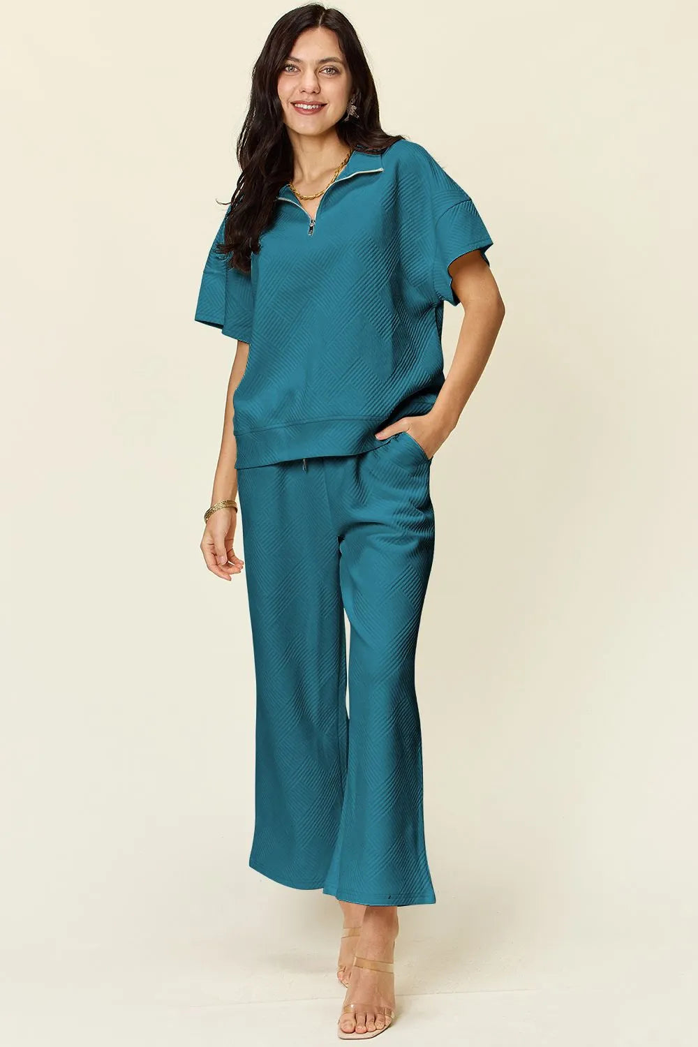 Sarah Express Women’s Plus Size Textured Half Zip Top and Pants Set
