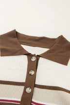 Sarah Express Women's Half Button Contrast Stripe Long Sleeve Knit Top