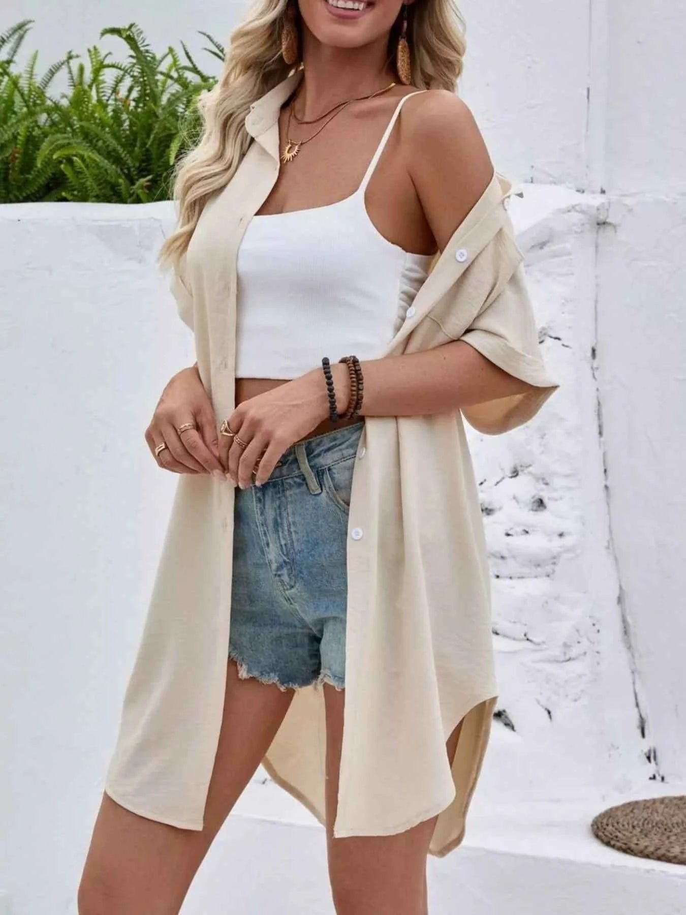 Sarah Express Women's Relaxed Fit Button-Down Longline Shirt - Oversized Casual Blouse