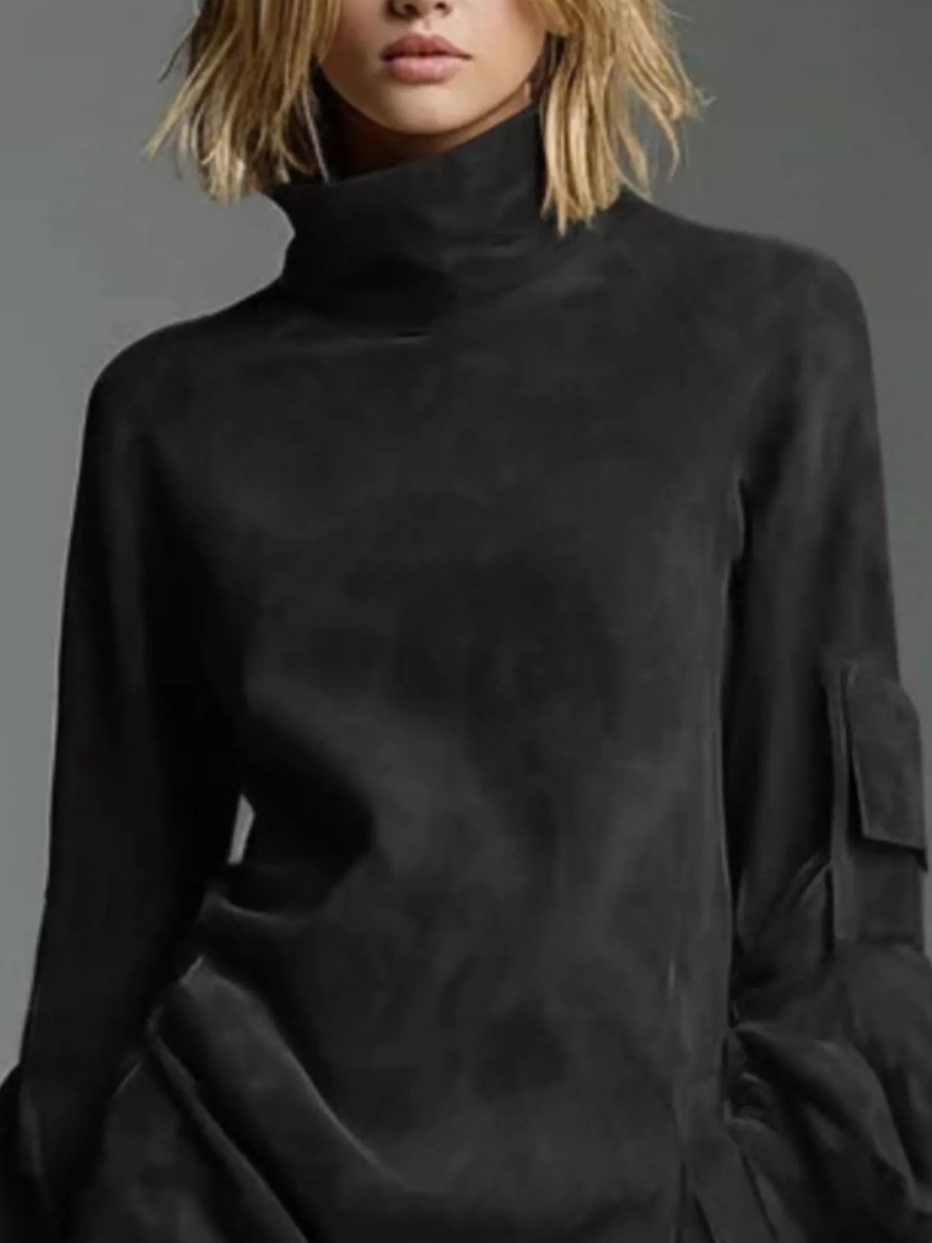 Sarah Express Women's Suede Turtleneck Lantern Sleeve Mini Dress