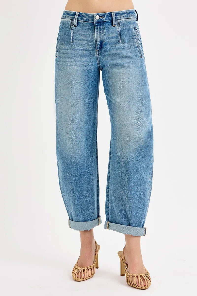 Sarah Express Women’s Plus Size Mid Rise Roll Up Barrel Jeans
