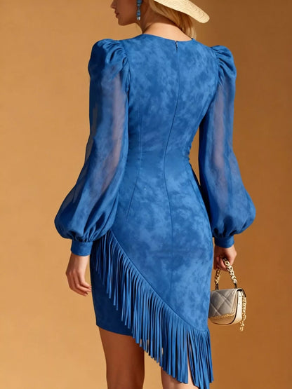 Sarah Express Women's Suede Fringe Mini Dress - V-Neck Sheer Detail Party Dress