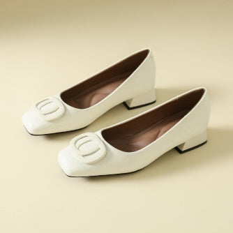 Sarah Express Womens Retro Square-Toe Sheepskin Leather Chunky Heel Pumps | Low Heel Slip-On Dress Shoes