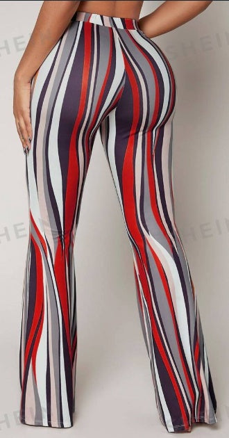 Sarah Express Women's Striped High Waist Flared Leg Pants