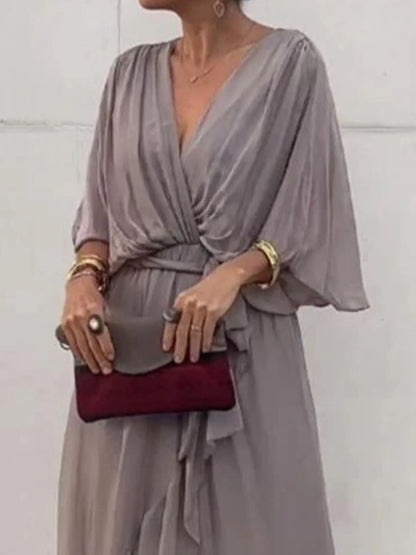 Sarah Express Women's Flowy Tie Front Midi Dress with Flutter Sleeves