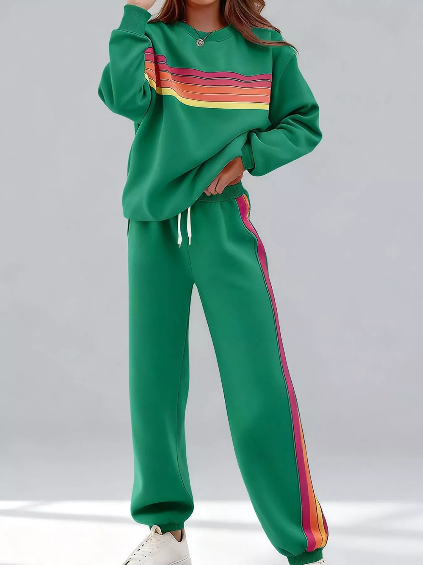 Sarah Express Women's Striped Round Neck Sweatshirt and Pants Lounge Set Green