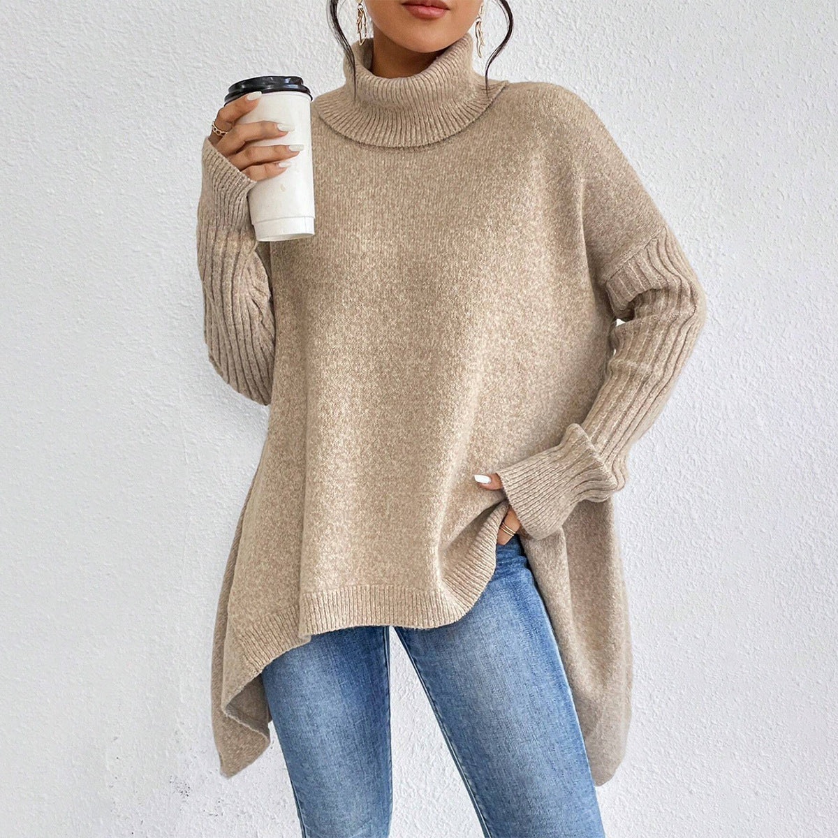 Sarah Express Women's Irregular Turtleneck Sweater - Loose Knit Long Sleeve Pullover Light Khaki 2XL