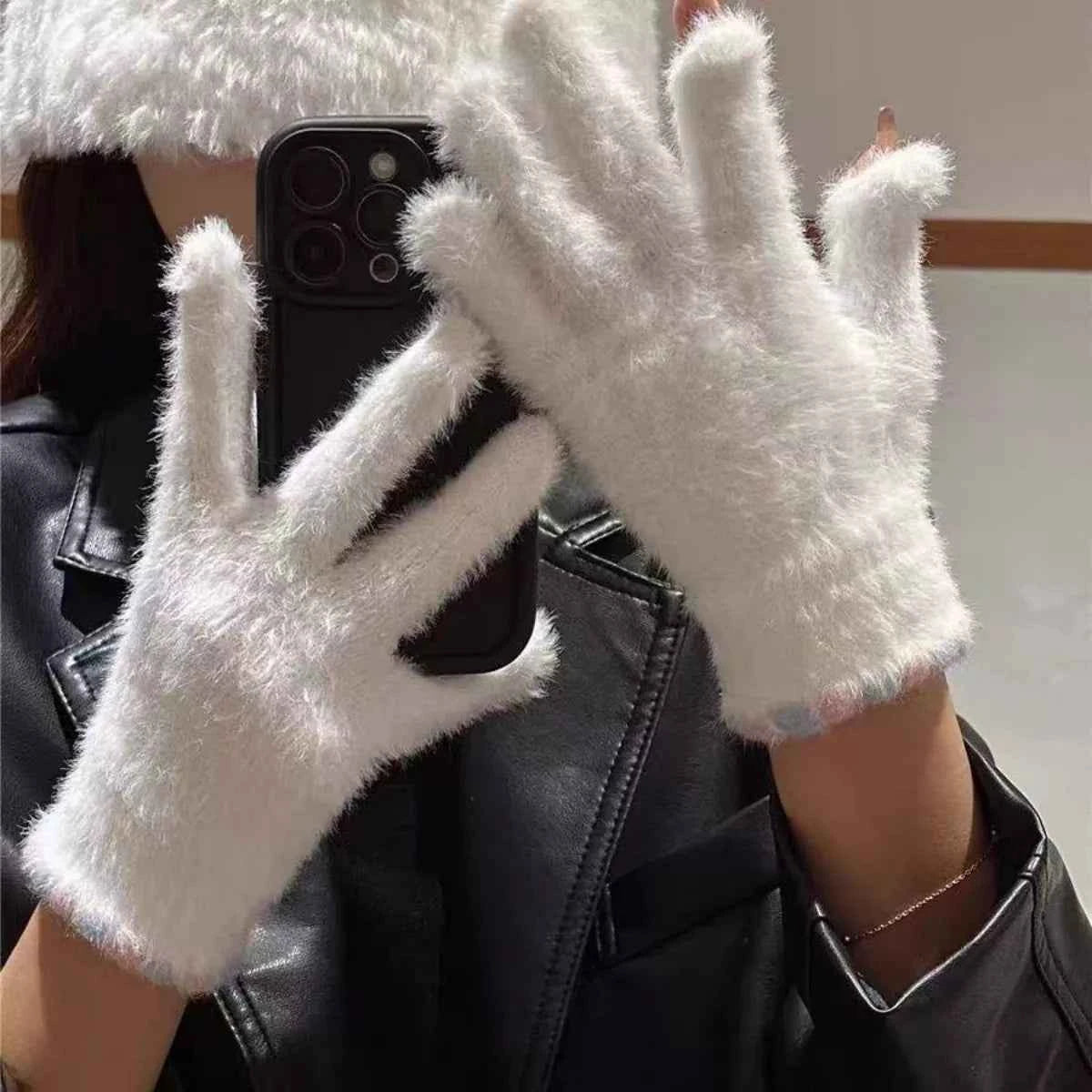 Sarah Express Women's Fuzzy Knit Gloves - Soft Plush Winter Gloves Ivory One Size