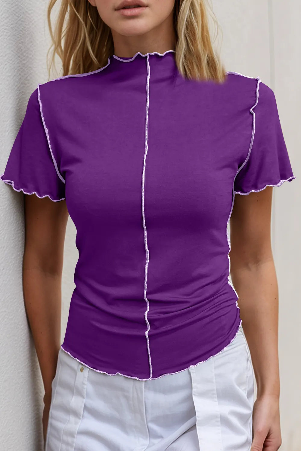 Sarah Express Women's Contrast Trim Mock Neck Short Sleeve T-Shirt Purple