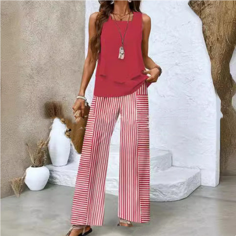 Sarah Express Women's Print Two-Piece Set Sleeveless Double Layer Vest Top Loose Straight Pants Floral Suit