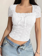 Sarah Express Women's Lace Short Sleeve T-Shirt with Bow Detail