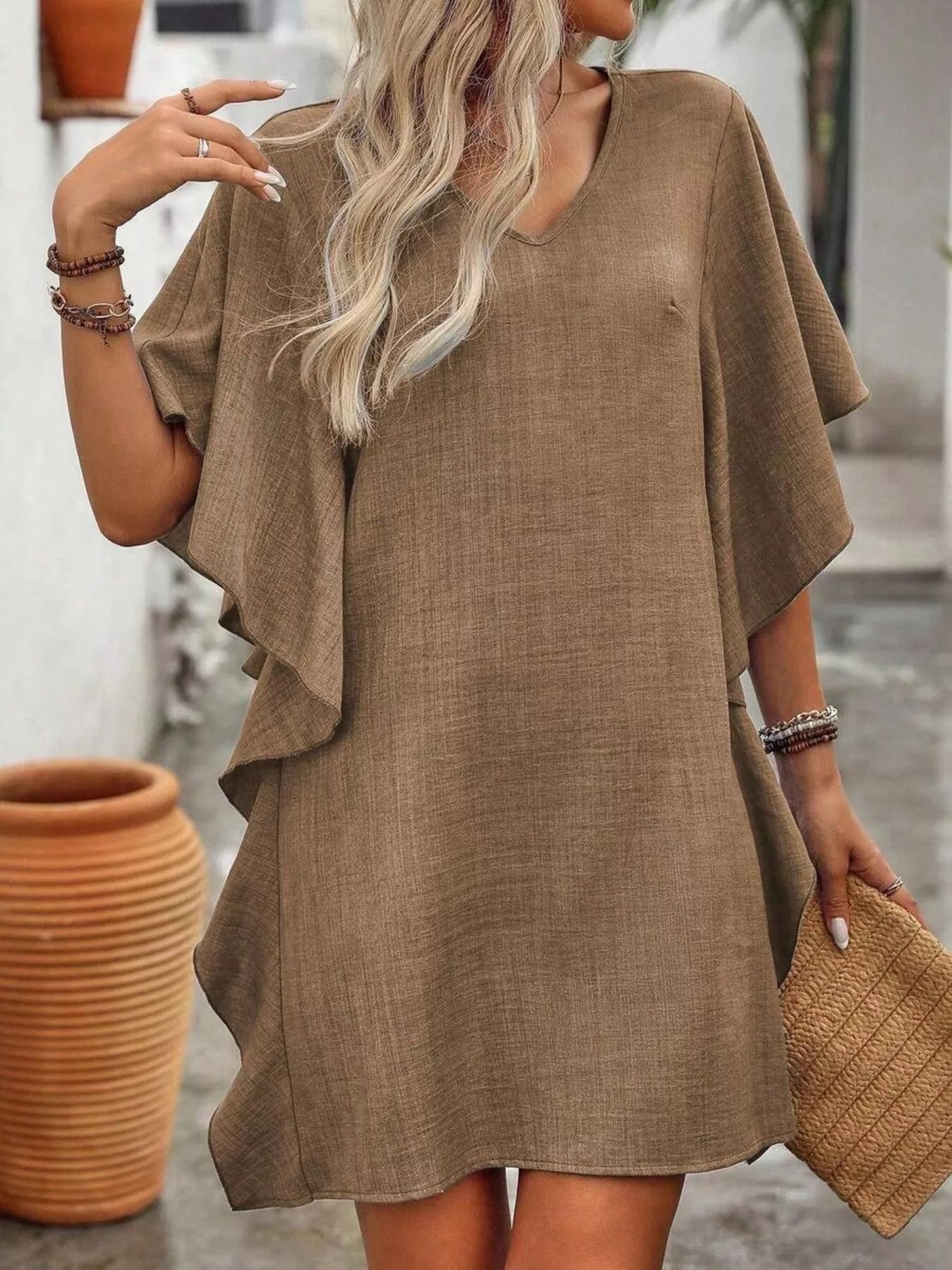 Sarah Express Women's Ruffled Flutter Sleeve V-Neck Mini Dress