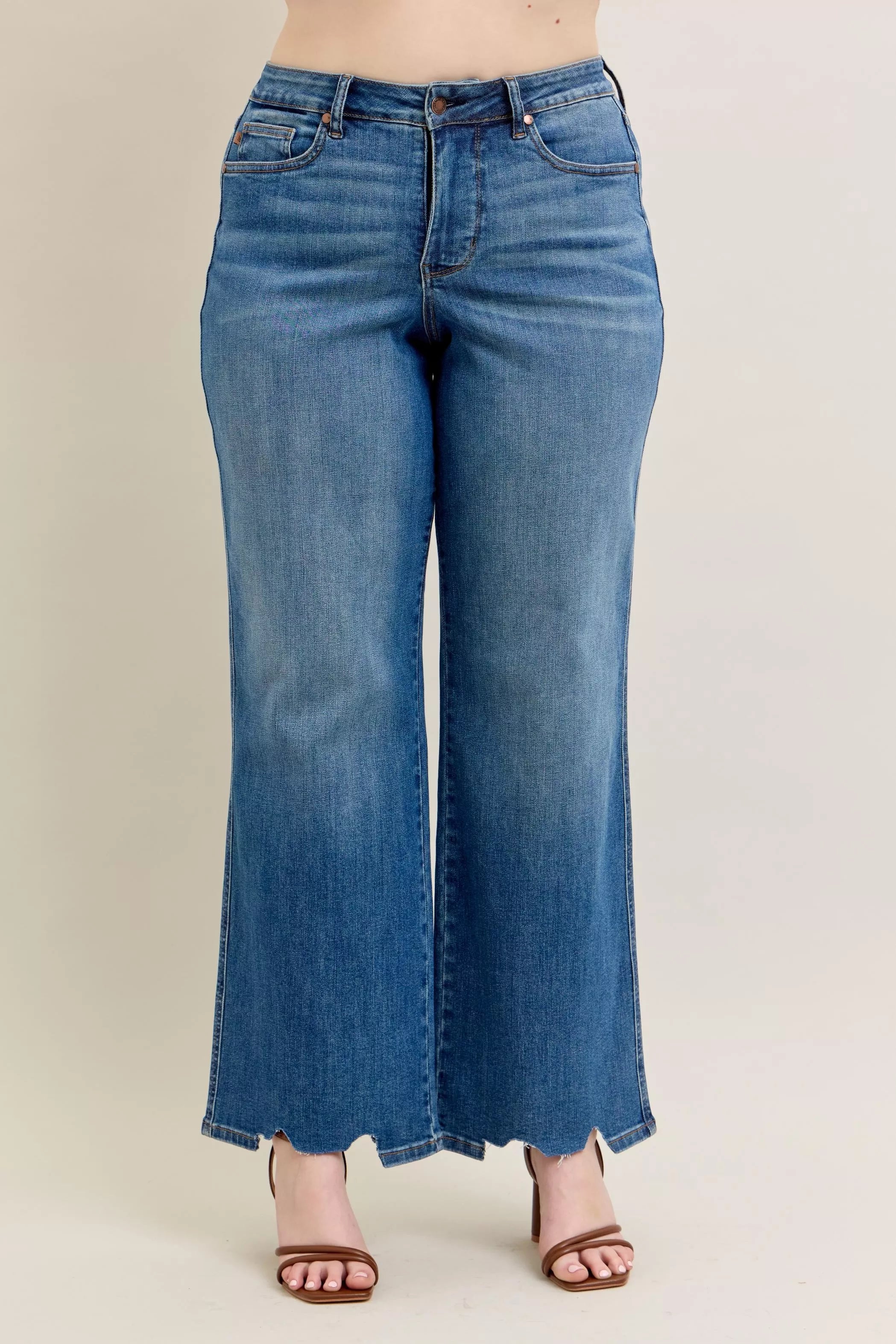 Sarah Express Women’s Plus Size High Rise Tummy Control Destroyed Wide Leg Jeans
