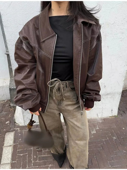 Sarah Express Women's Oversized Zip Up Jacket - Dropped Shoulder Casual Outerwear Brown