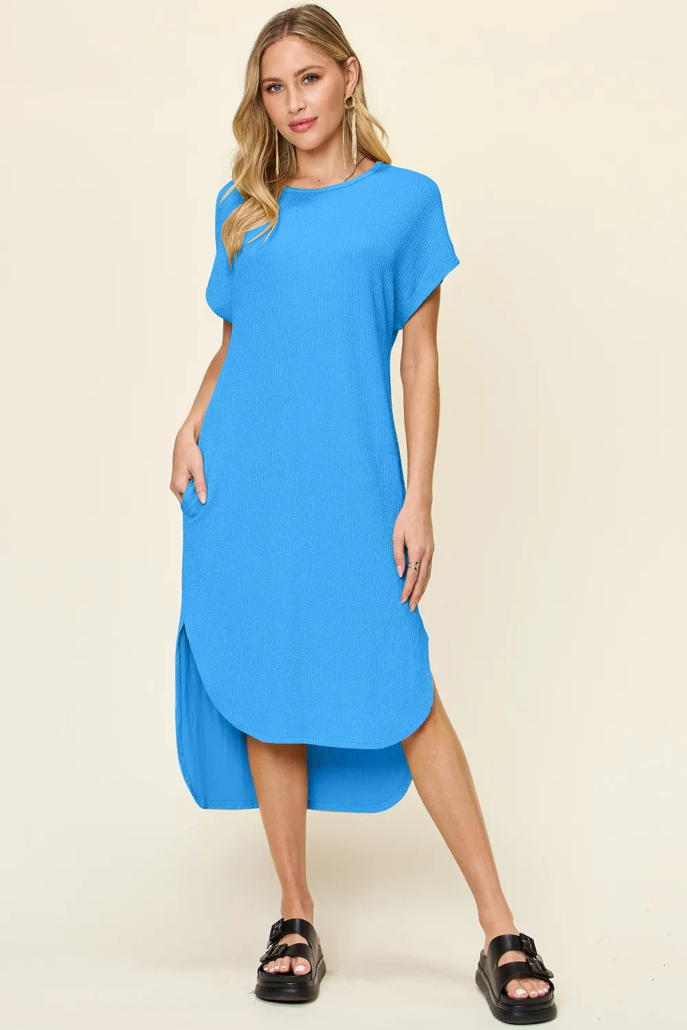 Sarah Express Women’s Plus Size Round Neck Short Sleeve Slit Dress
