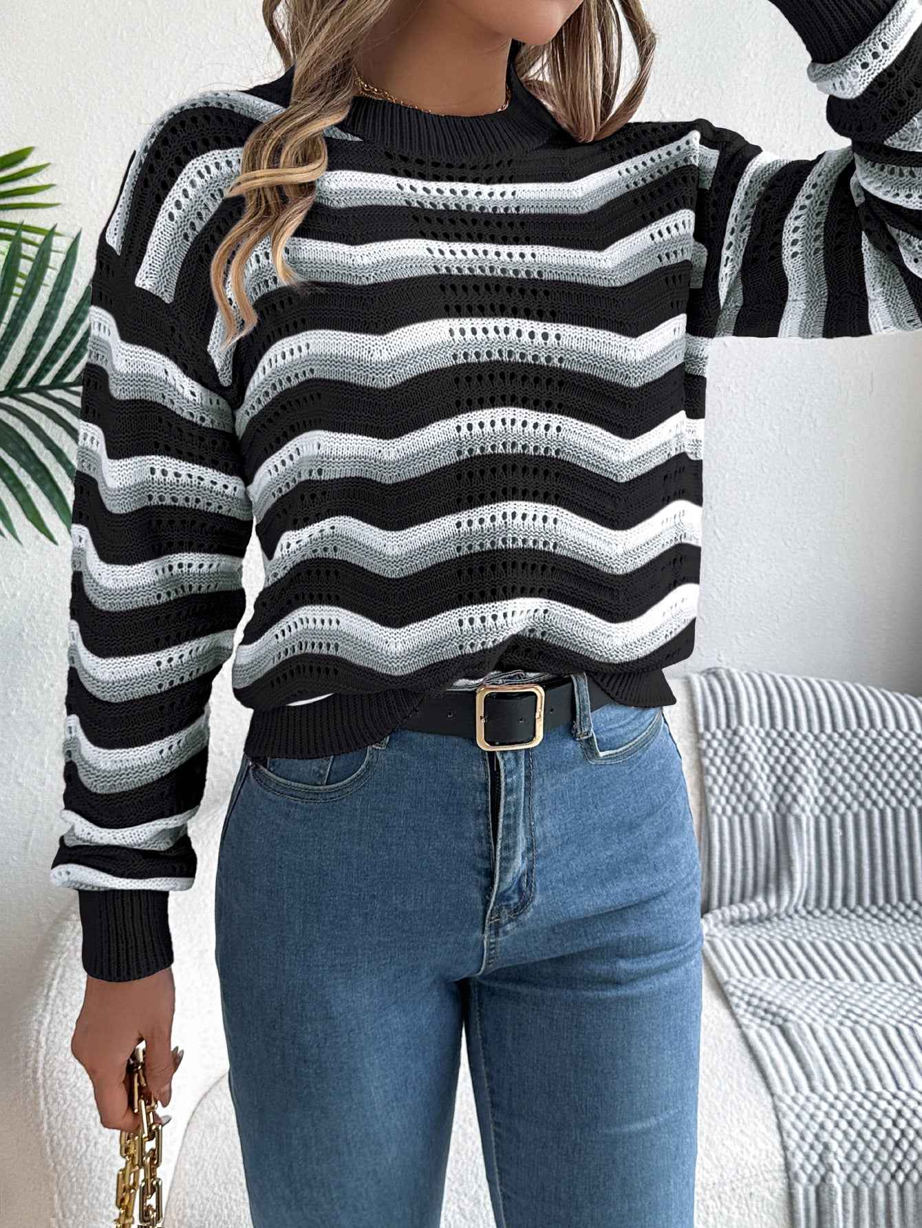 Sarah Express Women's Hollow Out Color Block Stripe Lantern Sleeve Pullover Sweater