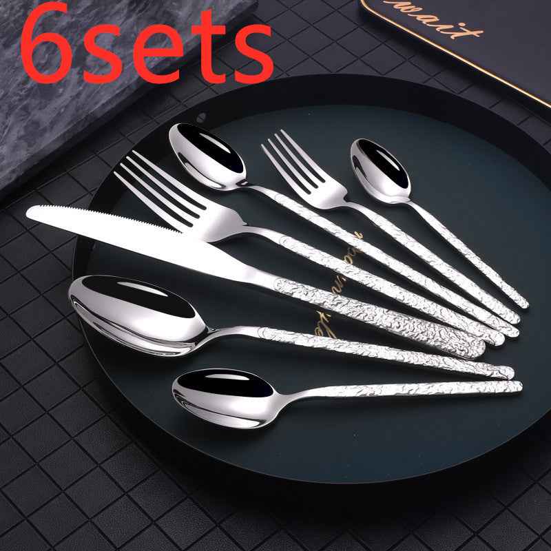 Sarah Express Premium Stainless Steel Steak Knife Fork Set - Embossed Handle Western Cutlery Silver 7PCS 6sets