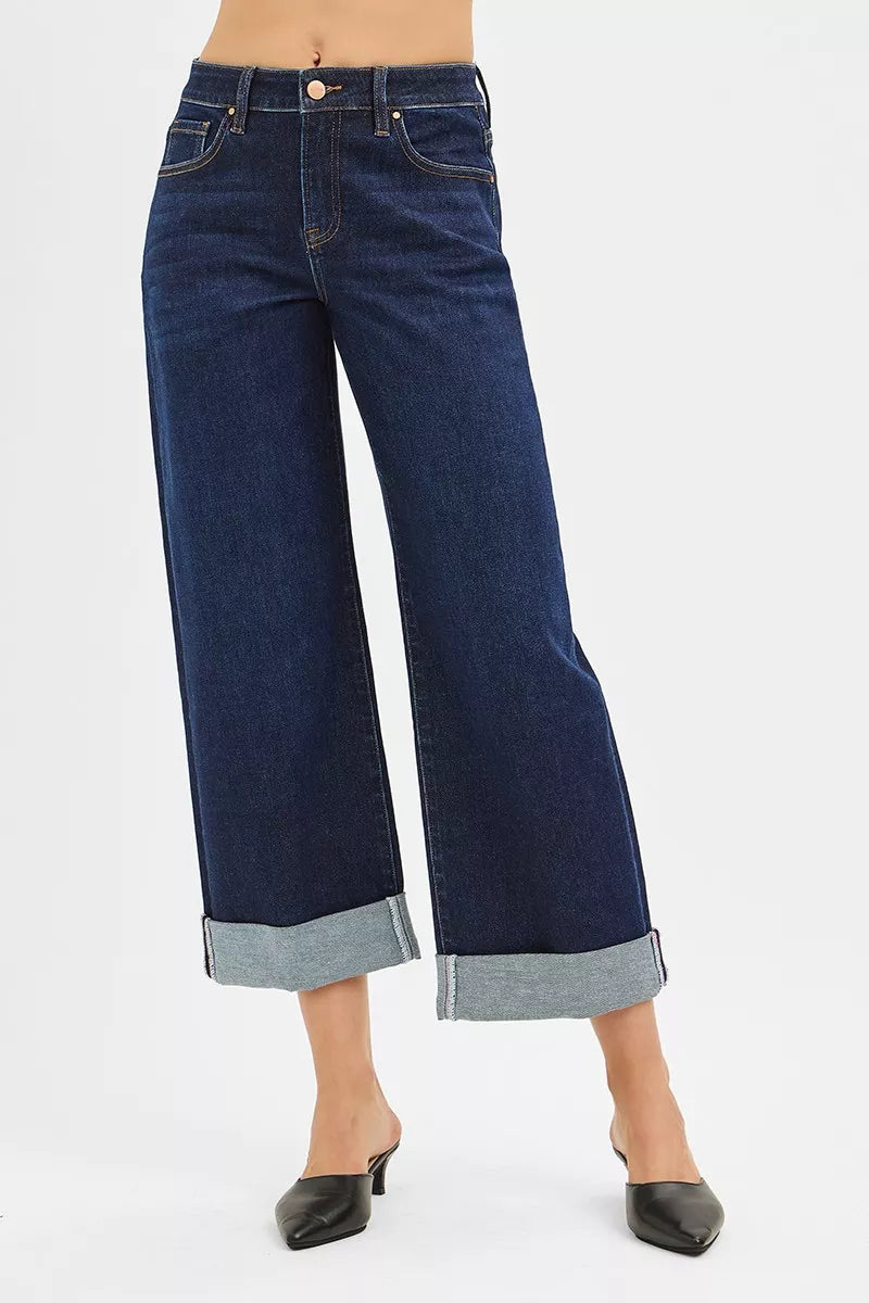 Sarah Express Women’s Mid Rise Ankle Jeans with Wide Roll Up Cuff
