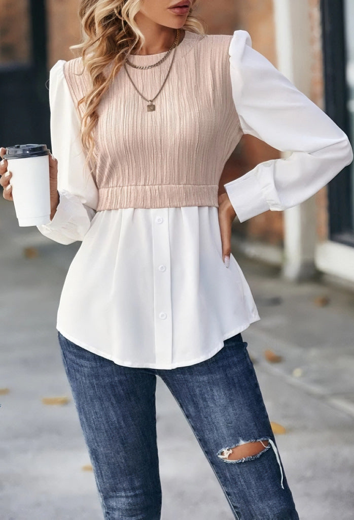 Sarah Express Wavy Stripe Blouse Long Sleeve Stitching Detail Pullover Top