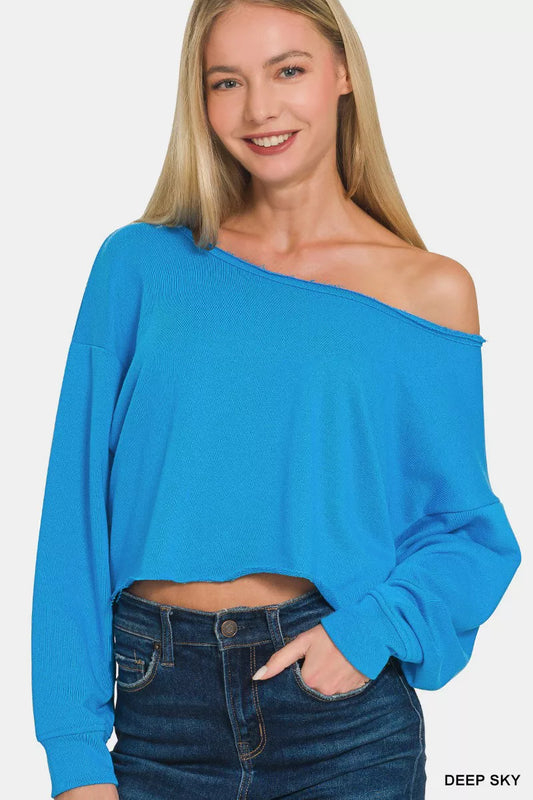 Sarah Express Women's French Terry Boatneck Crop Top DEEP SKY