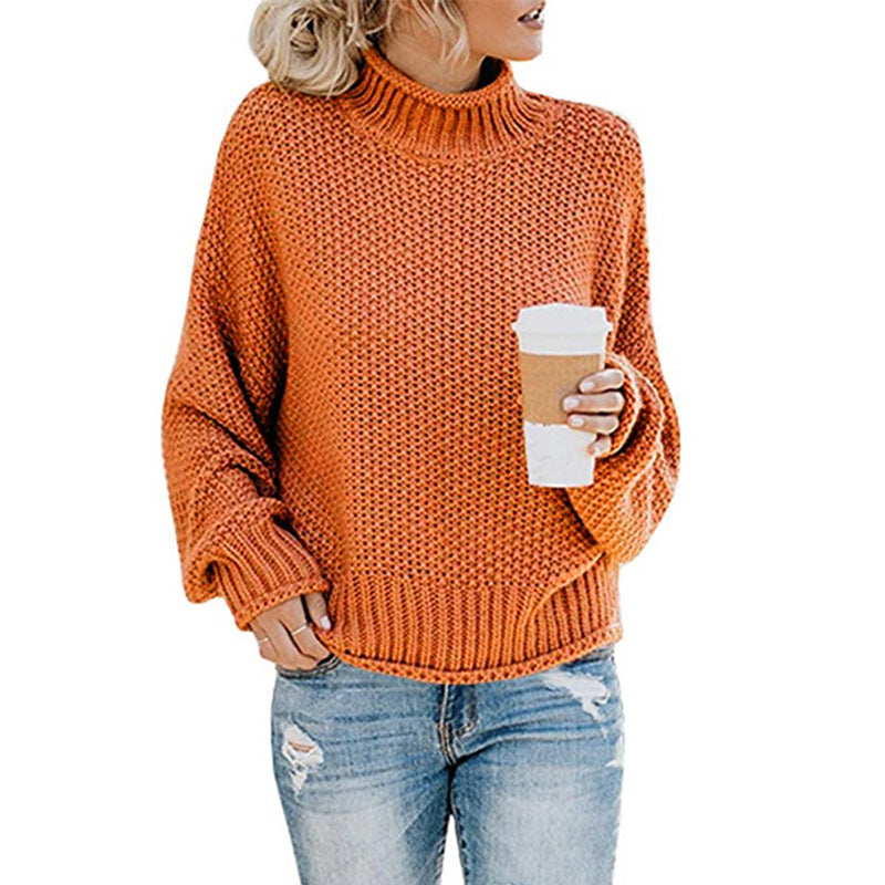 Sarah Express Solid Turtleneck Pullover Sweater Winter Fashion Casual Knitted Long-Sleeved Top Women's Clothing Tangerine