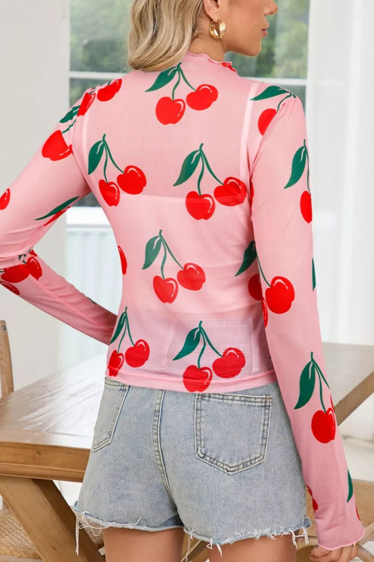 Sarah Express Women's Cherry Print Mesh Long Sleeve Top with Lettuce Trim