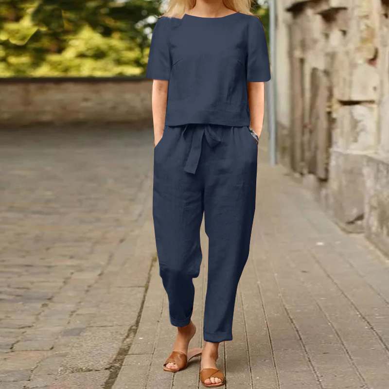 Sarah Express Women's Cotton Linen Top and Wide-Leg Pants Two-Piece Casual Set