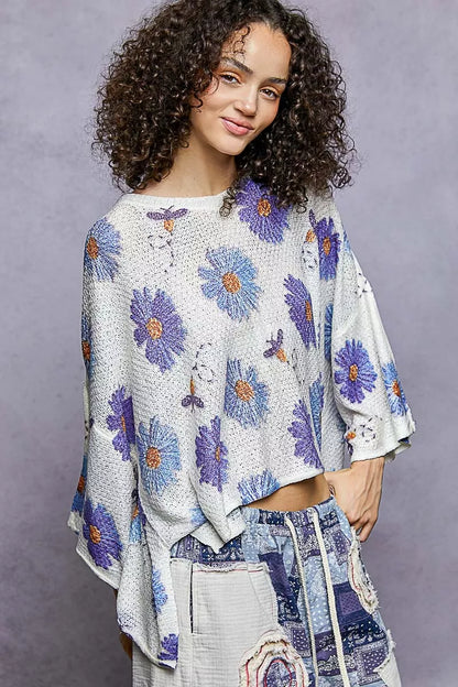 Sarah Express Women's Floral Round Neck Sweater with Rolling Edge Detail