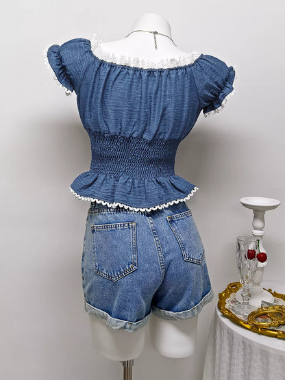 Sarah Express Women's Smocked Short Sleeve Blouse