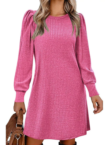 Sarah Express Women's Ribbed Knit Puff Sleeve Mini Dress