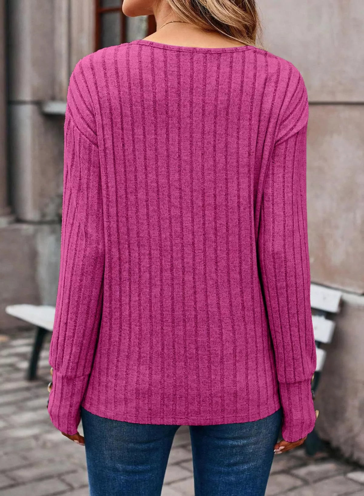 Sarah Express Women's Ribbed Knit V-Neck Top with Decorative Buttons