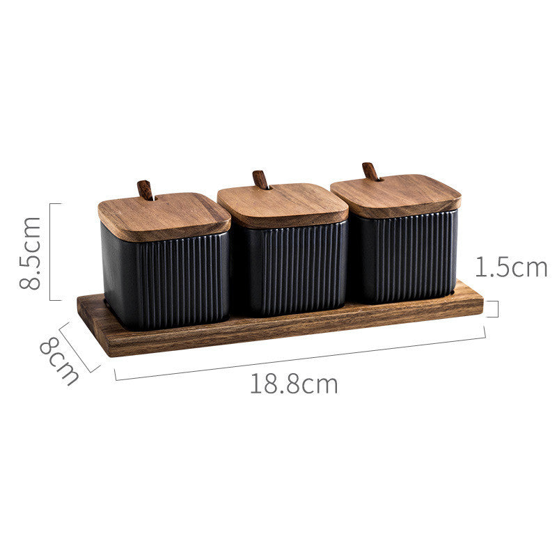 Sarah Express Ceramic Seasoning Jar Set with Wooden Lid - Kitchen Spice Storage Organizer Q3pcs Black