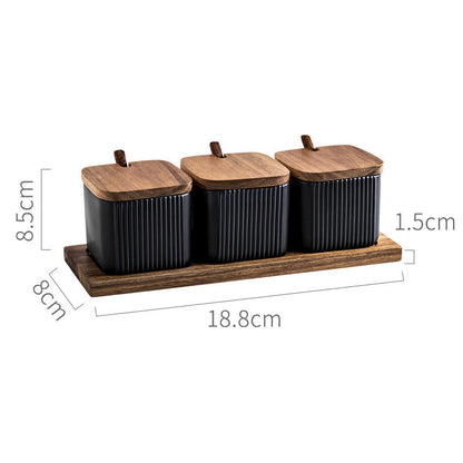 Sarah Express Ceramic Seasoning Jar Set with Wooden Lid - Kitchen Spice Storage Organizer Q3pcs Black