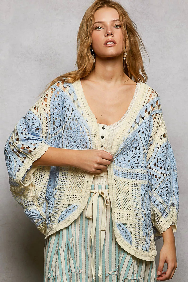 Sarah Express Women's Open Front Crochet Cardigan with Scalloped Edge SKY MULTI One Size