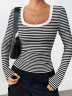 Sarah Express Women's Striped Long Sleeve Scoop Neck T-Shirt Black