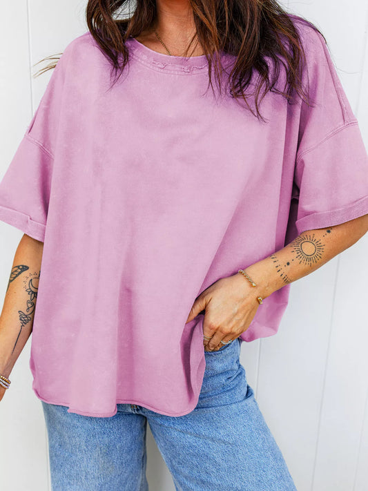 Sarah Express Women's Mineral Wash Drop Shoulder Raw Edge Loose Fit Cotton Tee Pink Purple