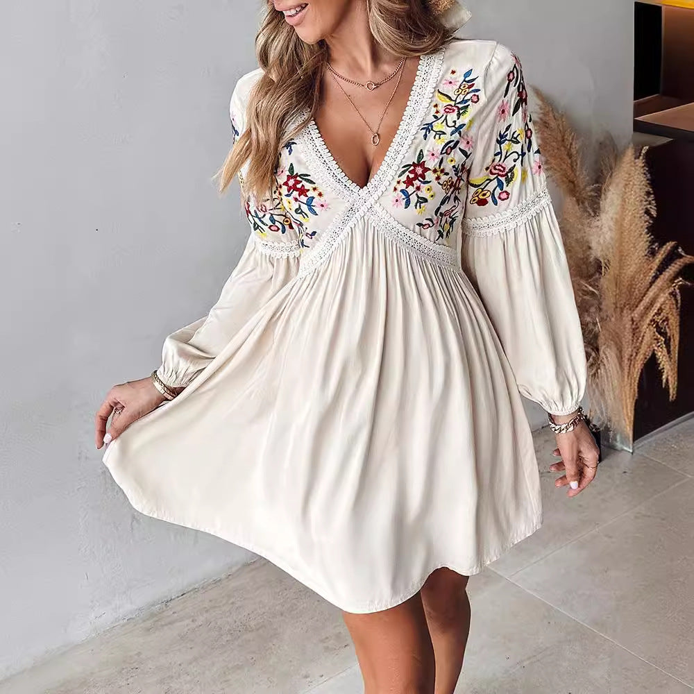 Sarah Express Women's Embroidered V-Neck Casual Maxi Dress Mid Waist Regular Sleeve