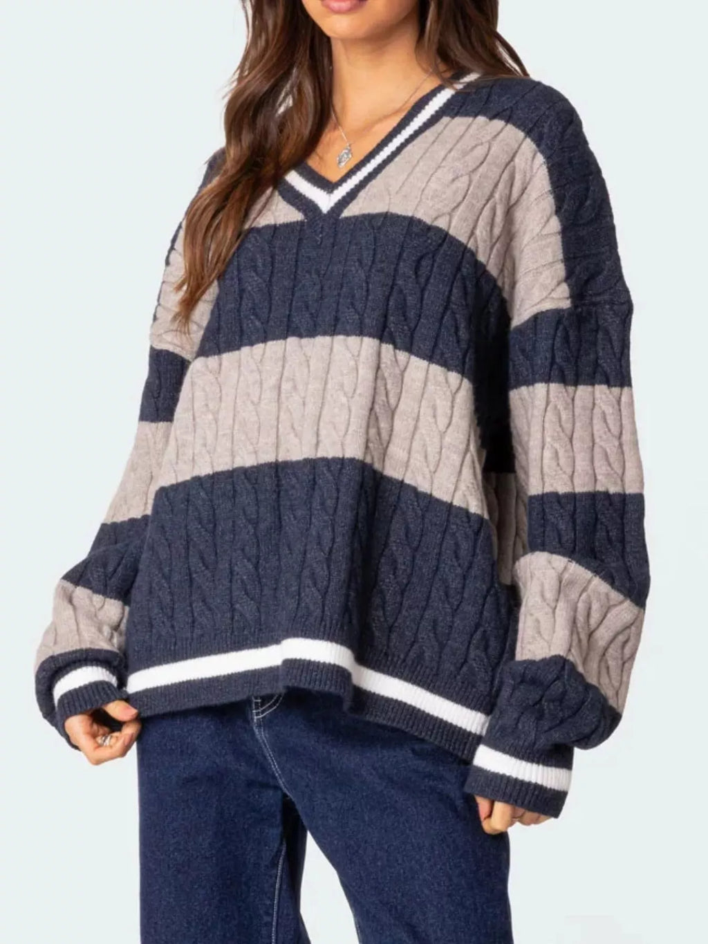 Sarah Express Women's Striped Cable Knit V-Neck Sweater - Oversized Fit