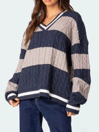 Sarah Express Women's Striped Cable Knit V-Neck Sweater - Oversized Fit