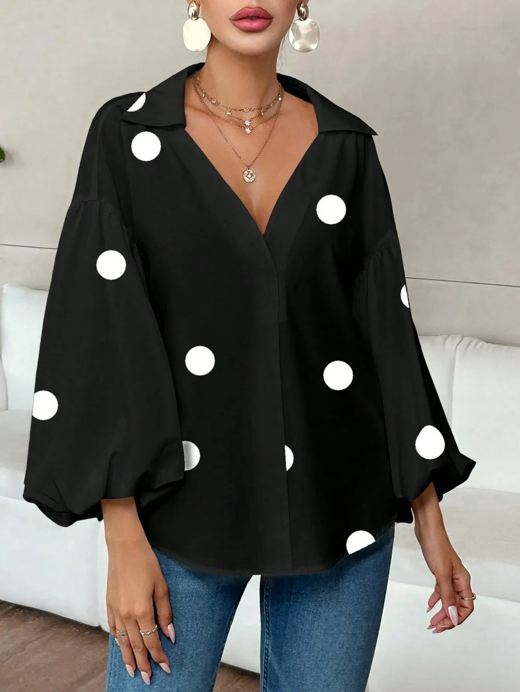 Sarah Express Women's Polka Dot Balloon Sleeve Blouse - Oversized Button-Up Top