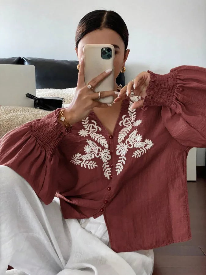 Sarah Express Women's Embroidered Notched Long Sleeve Blouse Burgundy