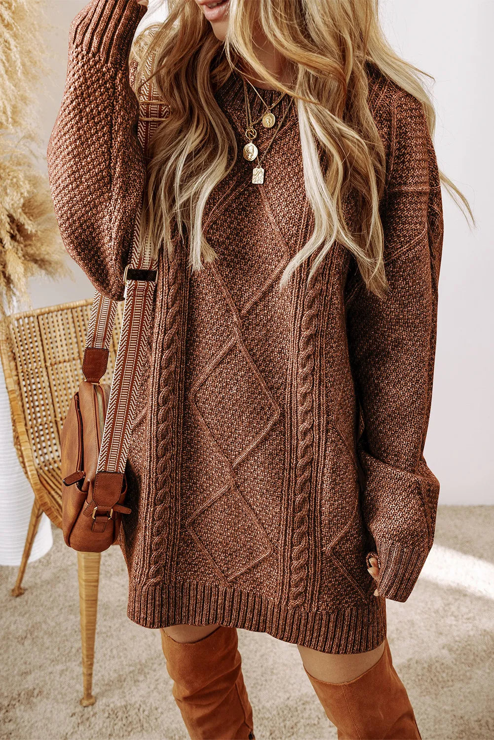 Sarah Express Women's Cable-Knit Sweater Dress Round Neck Long Sleeve Fall Winter Casual Comfort