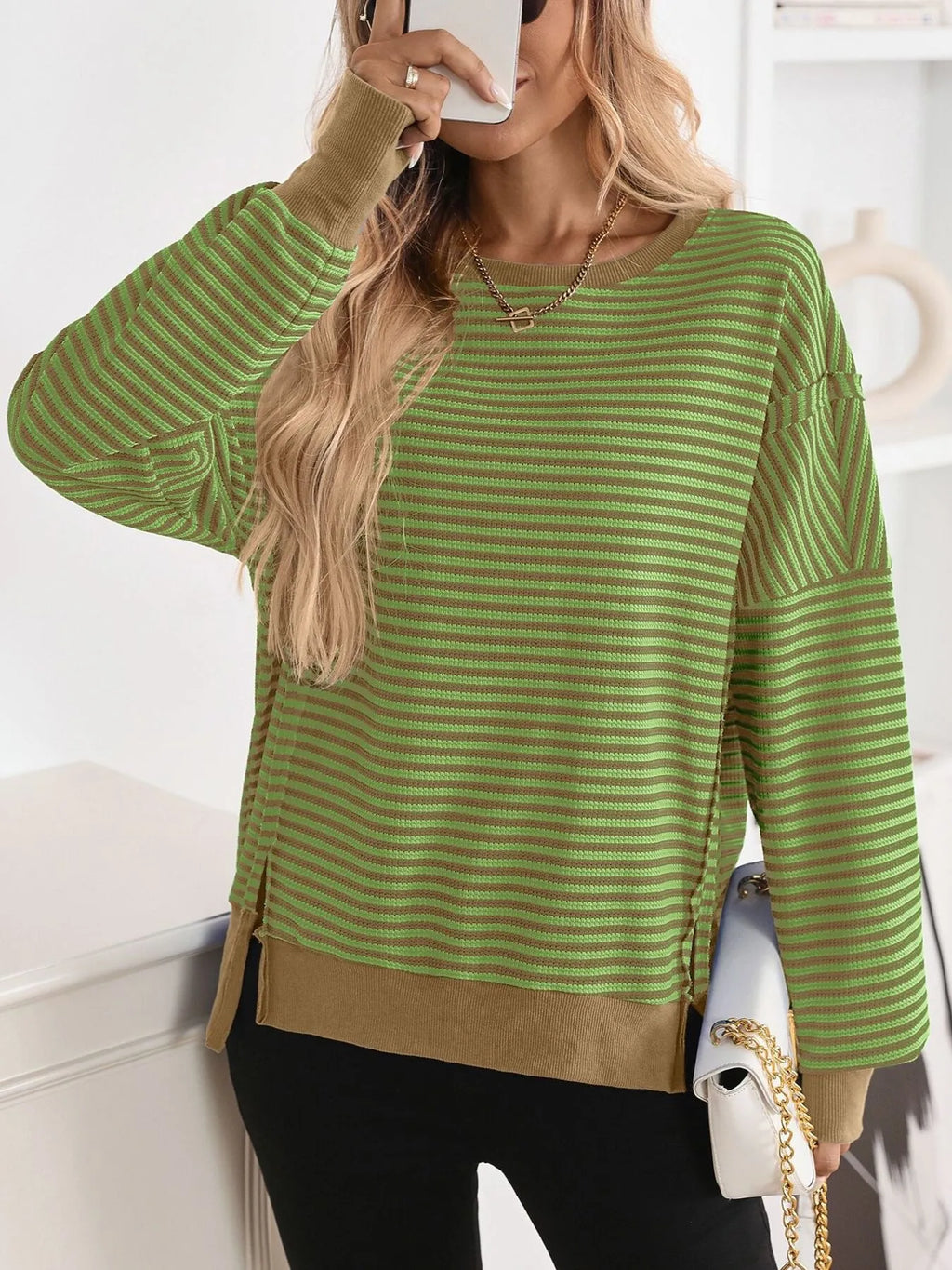 Sarah Express Women's Exposed Seam Striped Contrast Sweatshirt Matcha Green