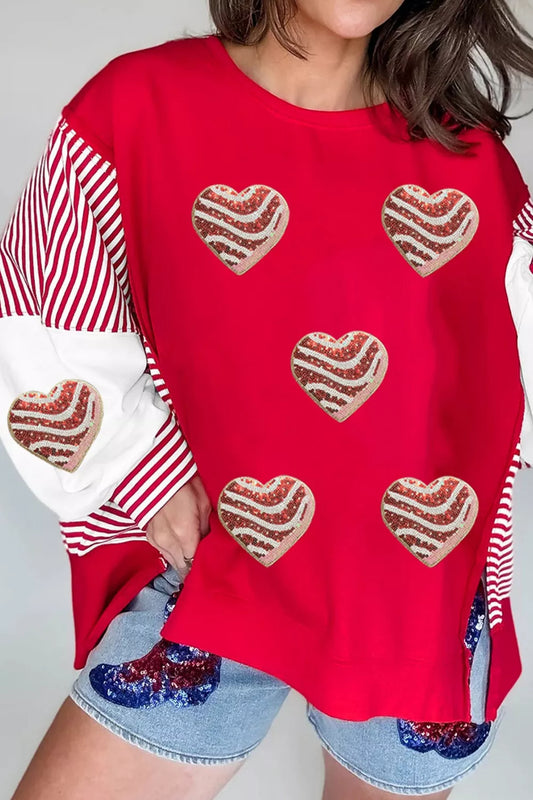 Sarah Express Women's Sequin Heart Sweatshirt Color Block Striped Valentine's Day Pullover Scarlet
