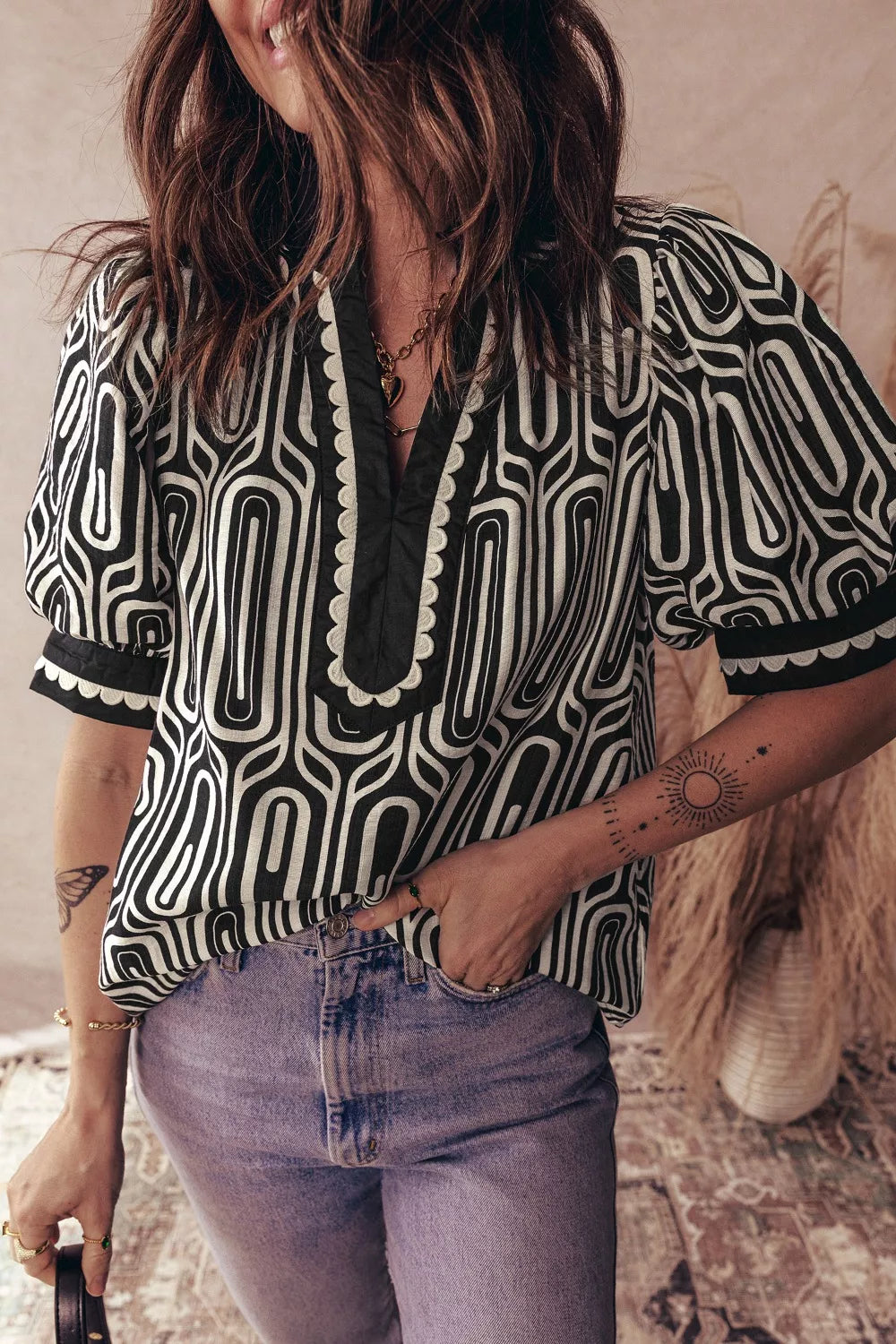 Sarah Express Women's Geometric Print Color Block Blouse - Short Sleeve Scallop Patchwork Top Black